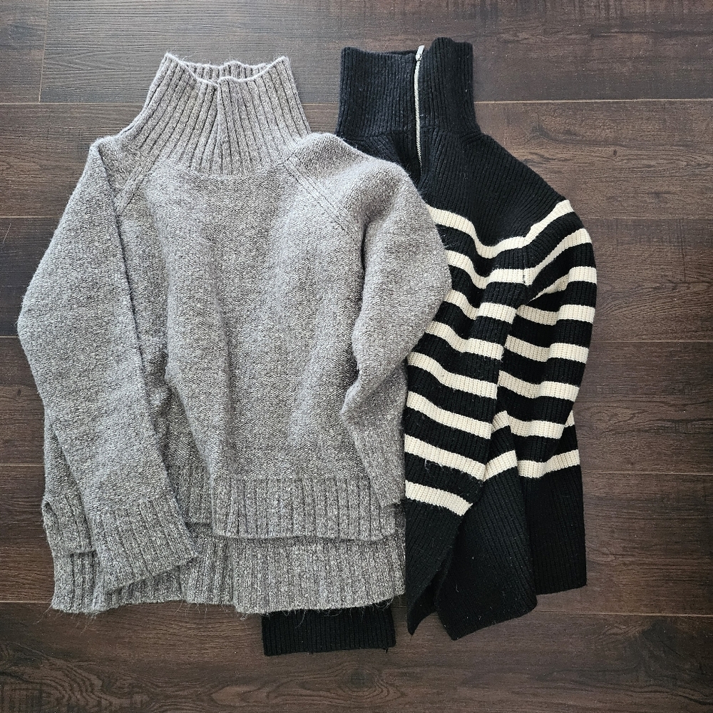 H&M Gray Ribbed Funnel Neck Sweater & Black White Striped Zip Sweater - Women